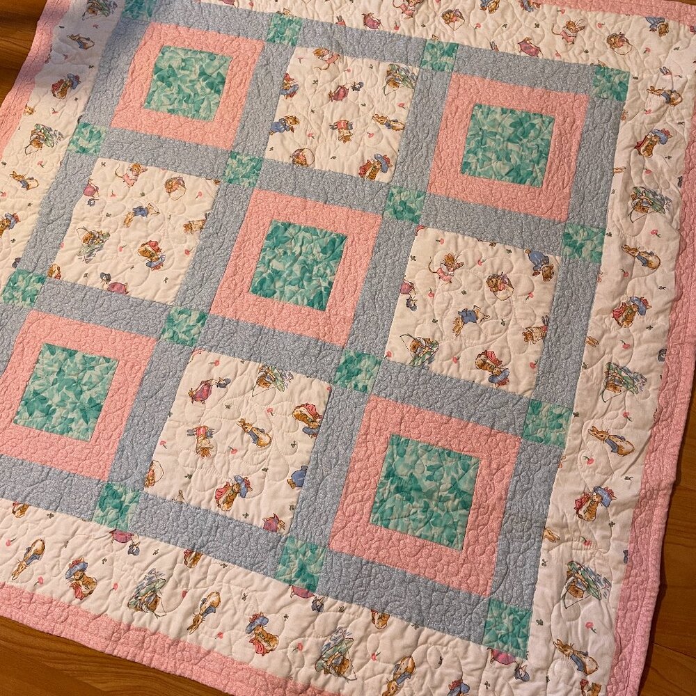 Handmade Cotton Baby Blanket Bunny Quilt. Pristine Easter or Baby Shower Gift.